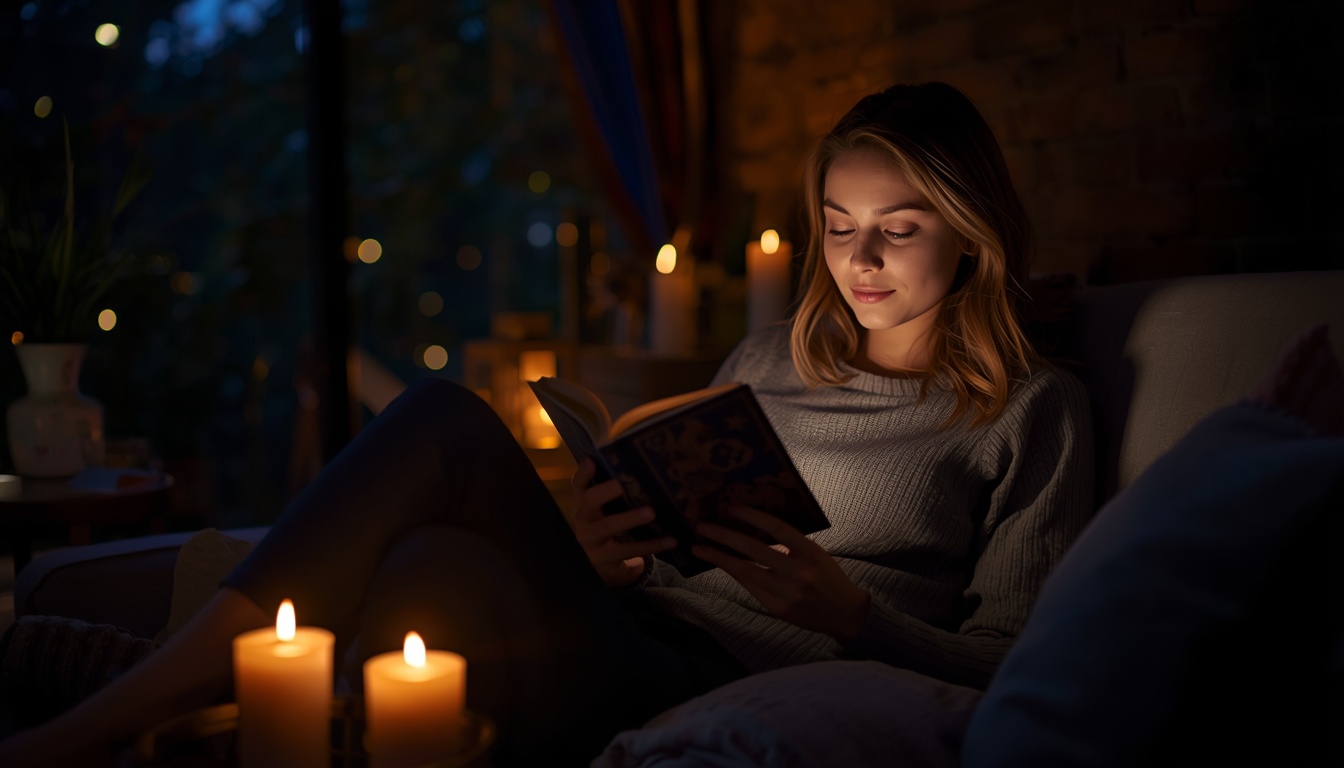 Person enjoying a peaceful screen-free evening with a book and candles